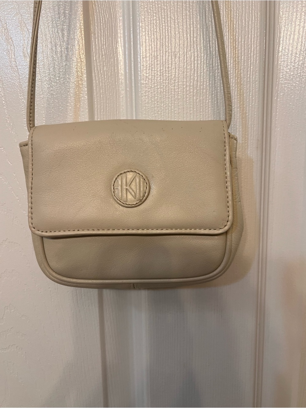Anne Klein Cream Leather Crossbody Bag with Logo Detail